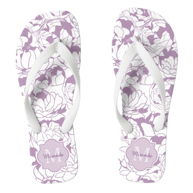 Modern Purple Floral Girly Monogram With Name Thongs (Footbed)