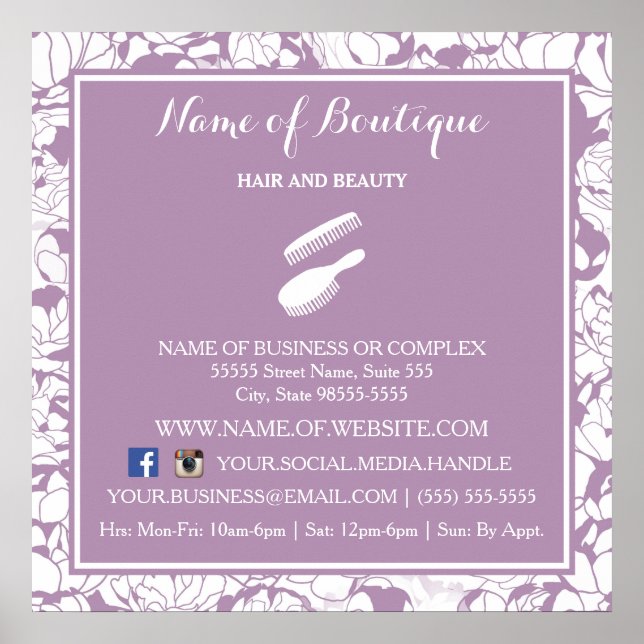 Modern Purple Floral Girly Salon Information Sign (Front)