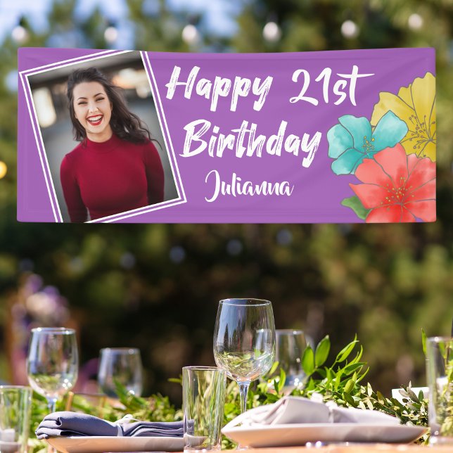 Modern Purple Floral Happy 21st Birthday Photo Banner (Creator Uploaded)