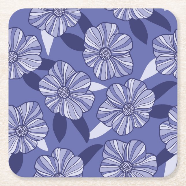 Modern Purple Floral Leaf pattern Square Paper Coaster (Front)