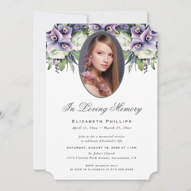 Modern Purple Floral Photo In Loving Memory Invitation (Front)