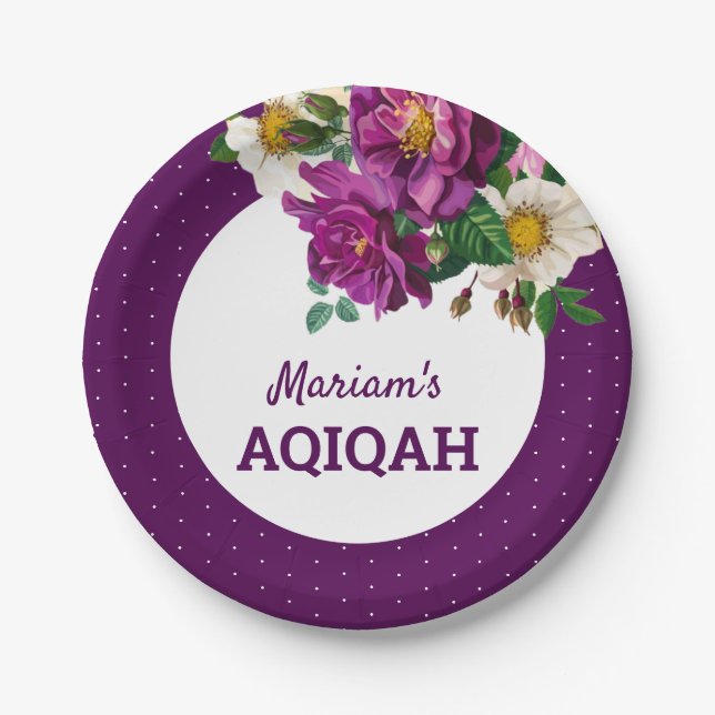 Modern Purple Floral Polka Dots Aqiqah Paper Plate (Front)