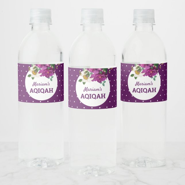 Modern Purple Floral Polka Dots Aqiqah Water Bottle Label (Bottles)