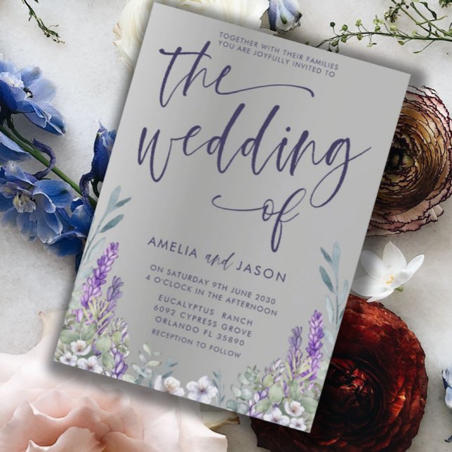 Modern Purple Floral & Silver Metallic Wedding Invitation (Creator Uploaded)