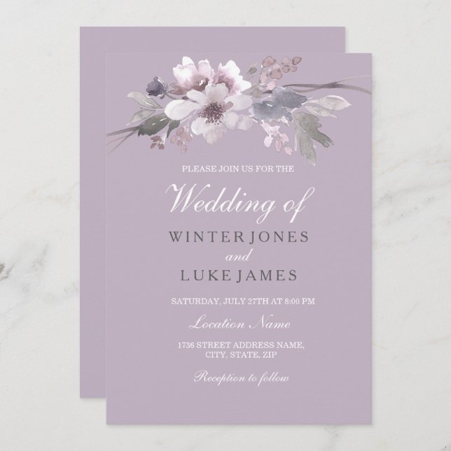 Modern Purple Floral Watercolor Wedding Invitation (Front/Back)