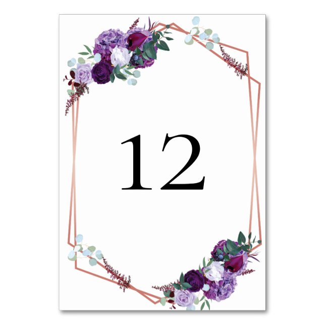 Modern Purple Floral Wedding Reception Table Number (Front)