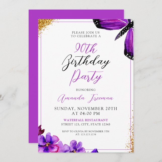 Modern Purple Flowers 90th Birthday Invitation (Front/Back)