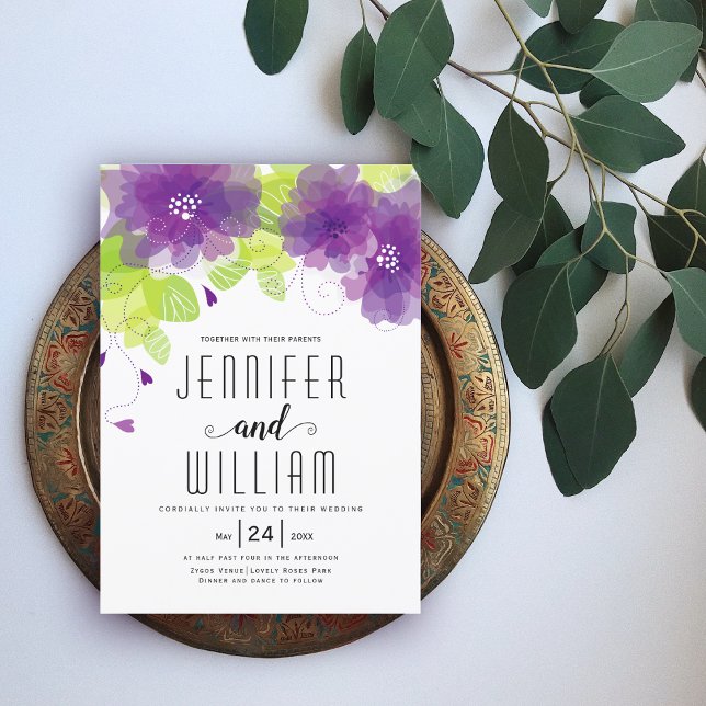 Modern purple flowers, typography floral wedding invitation (Creator Uploaded)
