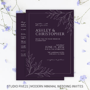 Modern Purple Foliage Outline All-in-One Wedding Invitation
