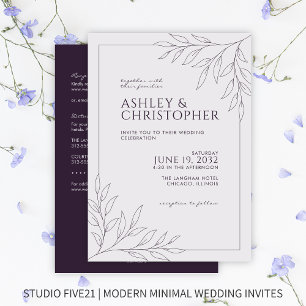 Modern Purple Foliage Outline All-in-One Wedding Invitation