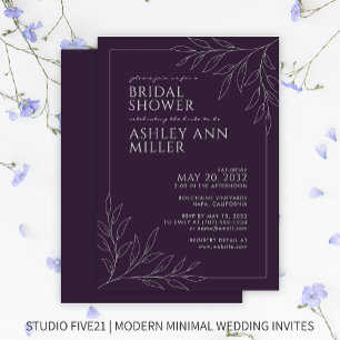 Modern Purple Foliage Outline Bridal Shower Invitation