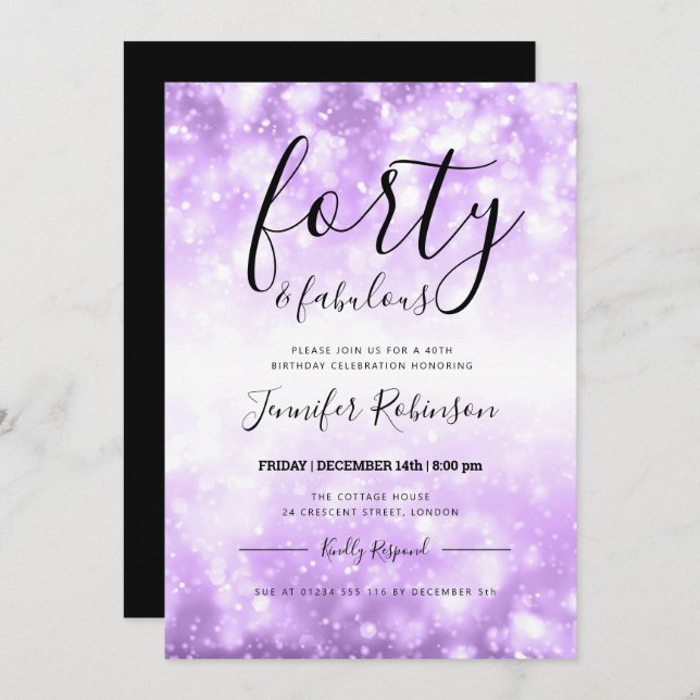 Modern Purple Forty & Fabulous 40th Birthday Invitation (Front/Back)