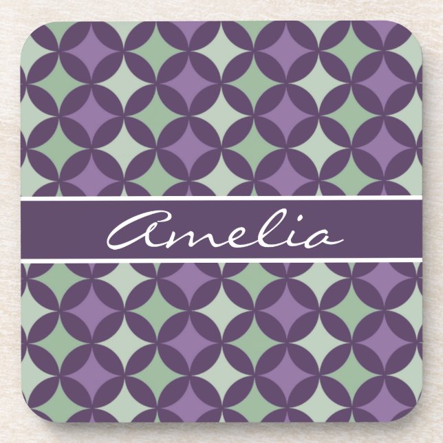 Modern Purple Geometric Circle Pattern Monogram Coaster (Front)