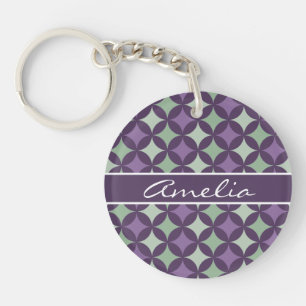 Modern Purple Geometric Circle Pattern Monogram Key Ring