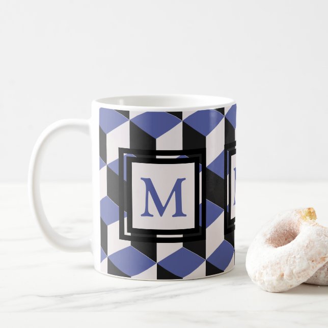 Modern Purple Geometric Pattern Monogram Coffee Mug (With Donut)