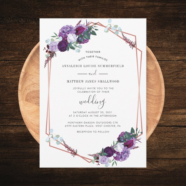 Modern Purple Geometric Rose Gold Floral Wedding Invitation (Purple Floral Geometric Script Wedding Invitation)