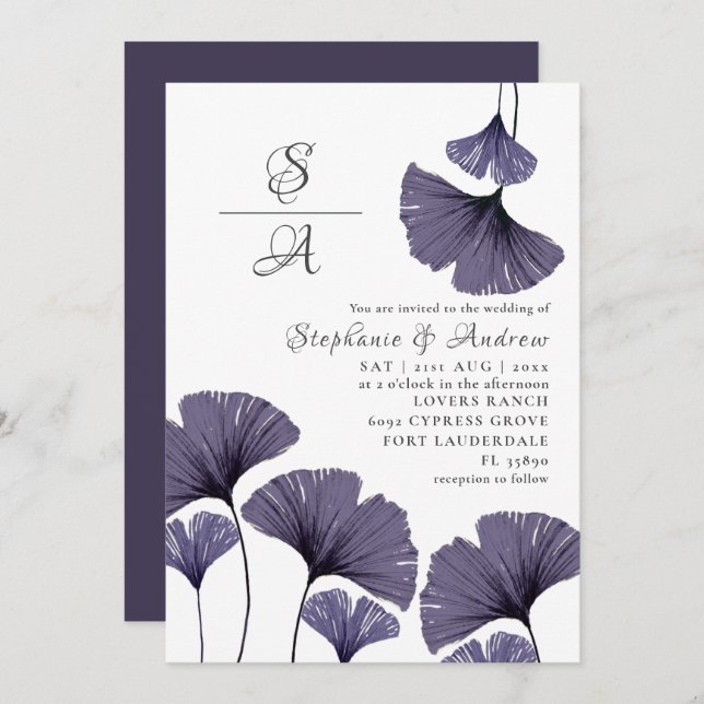 Modern Purple Ginkgo Foliage Wedding  Invitation (Front/Back)