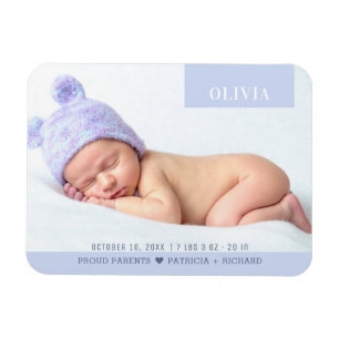 Modern Purple Girl Baby Photo Birth Magnet
