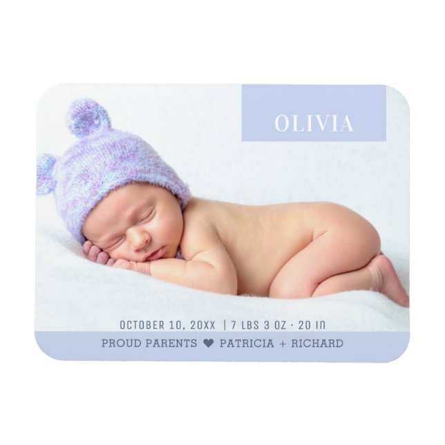 Modern Purple Girl Baby Photo Birth Magnet (Horizontal)