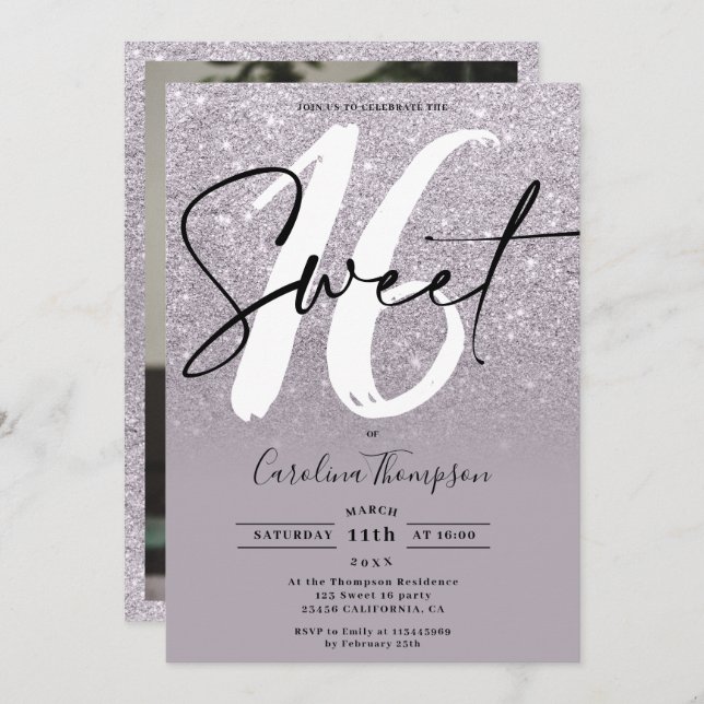 Modern purple glitter border script photo Sweet 16 Invitation (Front/Back)