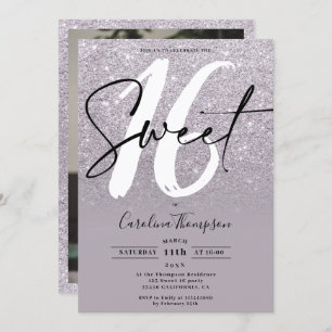 Modern purple glitter border script photo Sweet 16 Invitation