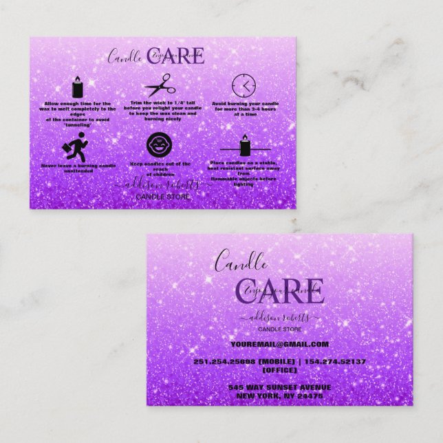 Modern  Purple Glitter Candle Care  Business Card (Front/Back)