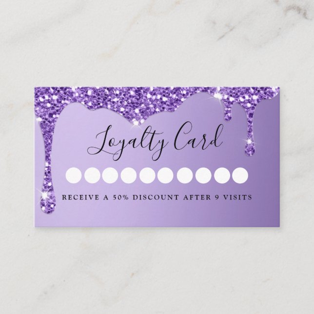 Modern Purple Glitter Drop Salon & Spa Loyalty Business Card (Front)