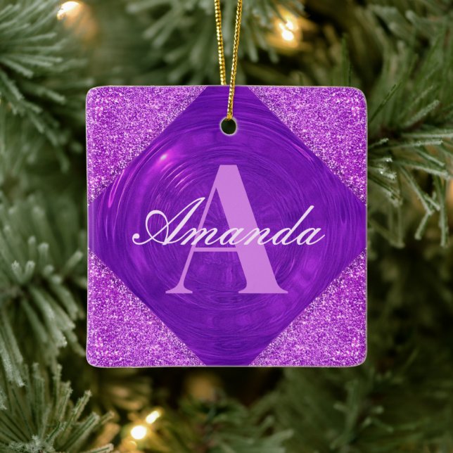 Modern Purple Glitter Girly Monogram Ceramic Ornament (Tree)