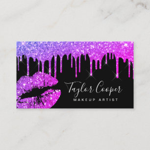 Modern purple glitter lips makeup artist business card