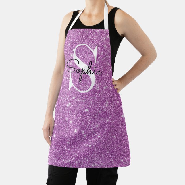 Modern Purple Glitter Monogram Personalised Name Apron (Insitu)