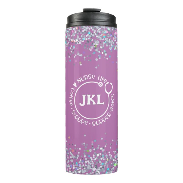 Modern Purple Glitter Monogram Stethoscope Nurse Thermal Tumbler (Front)