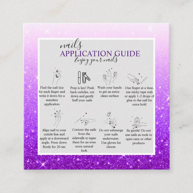 Modern  Purple Glitter Nail Application Guide  Square Business Card (Front)
