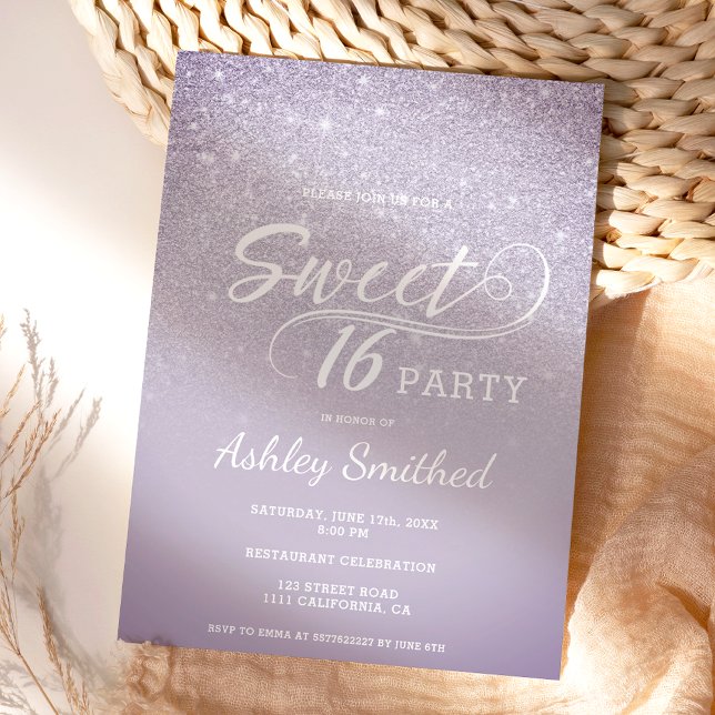 Modern purple glitter ombre dark Sweet 16 Invitation (Creator Uploaded)
