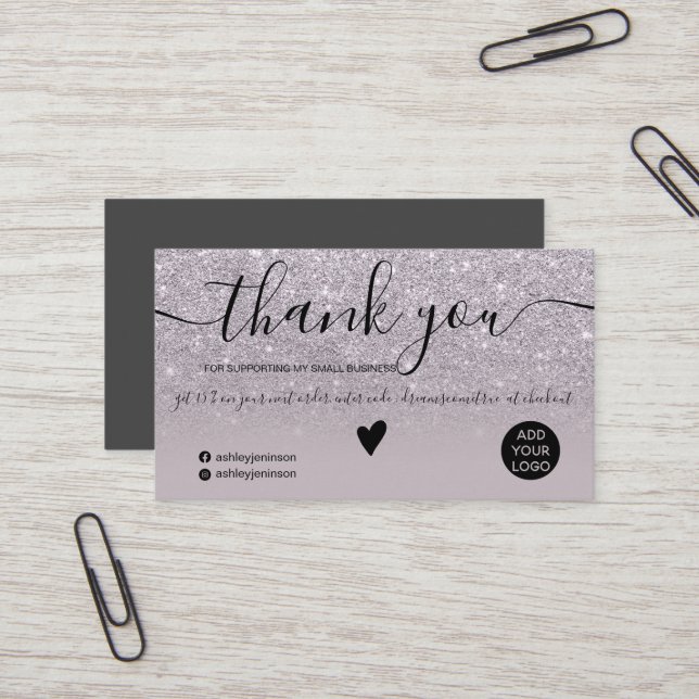 Modern purple glitter ombre order thank you business card (Front/Back In Situ)