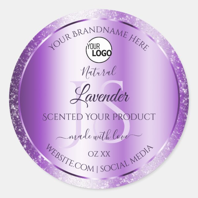 Modern Purple Glitter Product Labels Monogram Logo (Front)