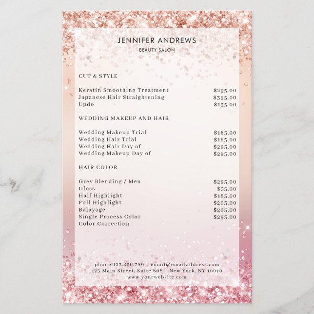 Modern Purple Glitter Rosegold Salon Price List  Flyer (Front)