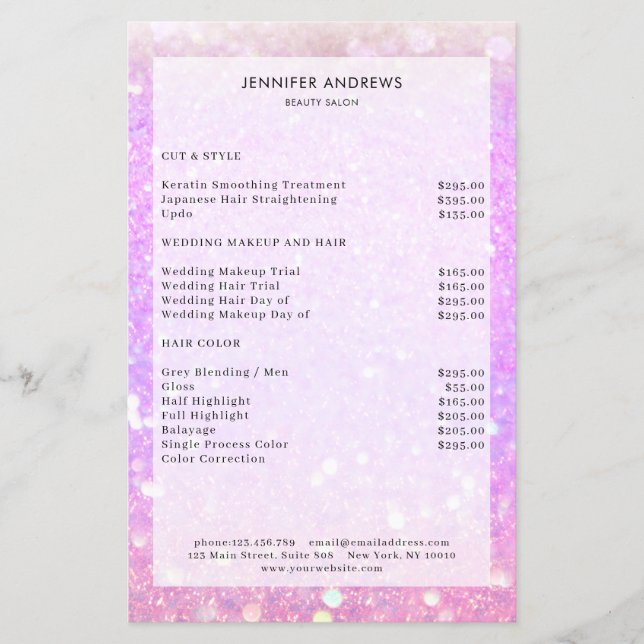 Modern Purple Glitter Salon Price List  Flyer (Front)