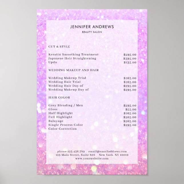 Modern, purple glitter salon price list Poster (Front)