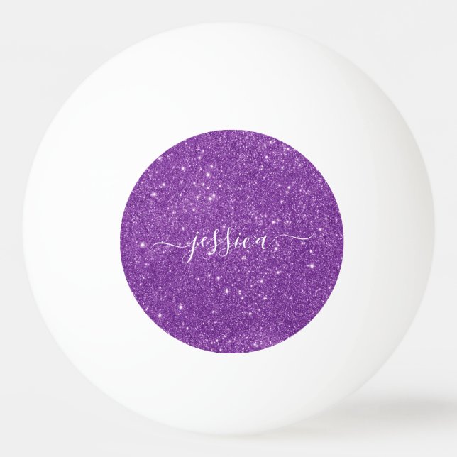 Modern purple glitter script name  ping pong ball (Front)