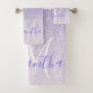 Modern Purple Glitter Sparkles Personalised Name Bath Towel Set