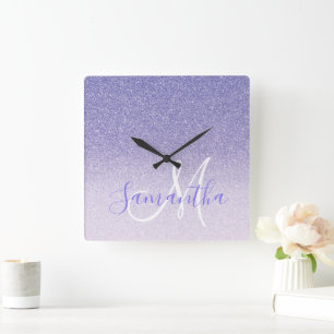 Modern Purple Glitter Sparkles Personalised Name Square Wall Clock