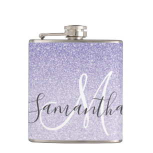 Modern Purple Glitter Sparkles Personalized Name Hip Flask