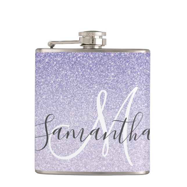 Modern Purple Glitter Sparkles Personalized Name Hip Flask (Front)