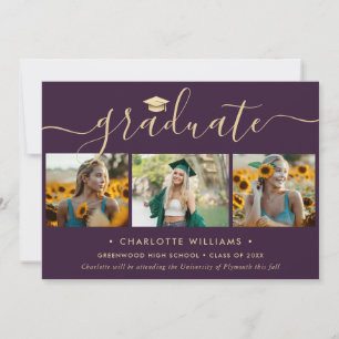 Modern Purple Gold 4 Photo Graduation Announcement