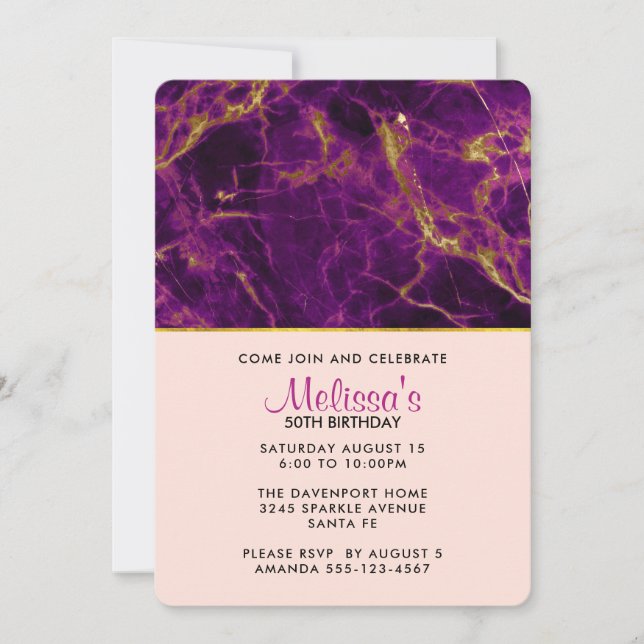 Modern Purple & Gold Abstract Marble Birthday Invitation (Front)