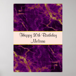 Modern Purple & Gold Abstract Marble Birthday Poster