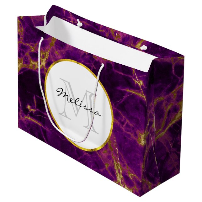 Modern Purple & Gold Abstract Marble Large Gift Bag (Front Angled)