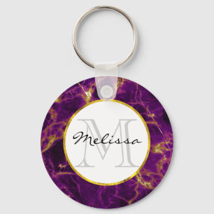 Modern Purple & Gold Abstract Marble Monogram Key Ring