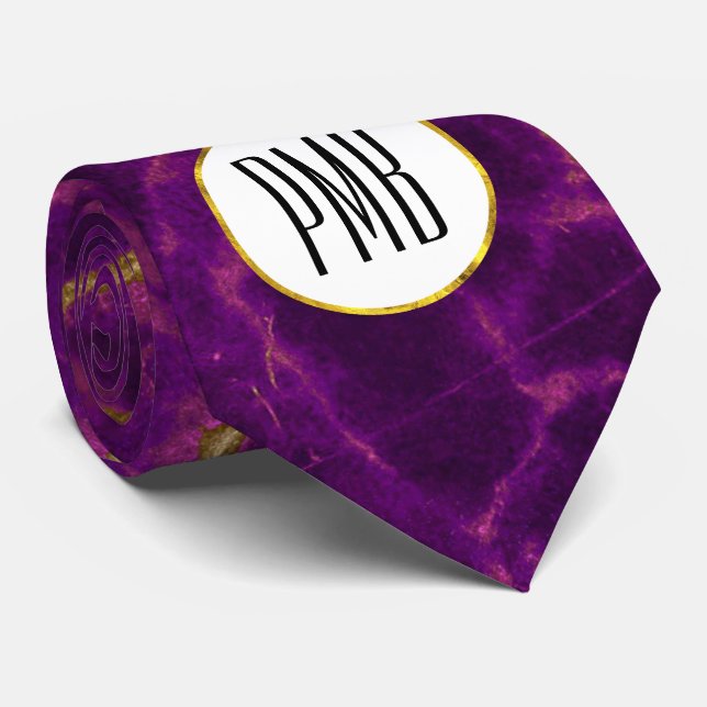 Modern Purple & Gold Abstract Marble Monogram Tie (Rolled)