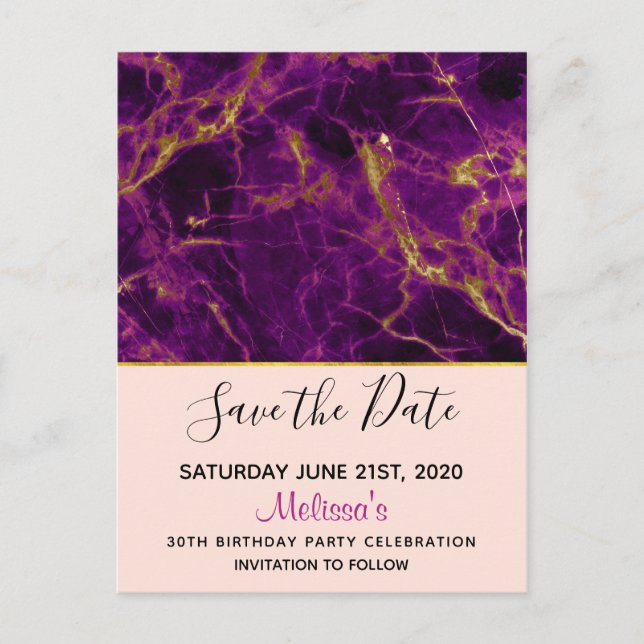 Modern Purple & Gold Abstract Marble Save the Date Postcard (Front)